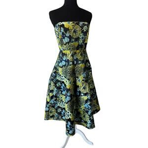 New York & Co Floral Gala Jacquard Strapless Dress Size 4 Blue Green Party